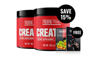 Creatine unflavored dietary supplement in two black and red containers, with promotional text for savings and free items.