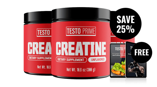 Creatine unflavored dietary supplement in a black and red container, featuring a 25% off label and free offer.