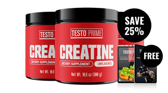 Creatine unflavored dietary supplement in a black and red container, featuring a 25% off label and free offer.