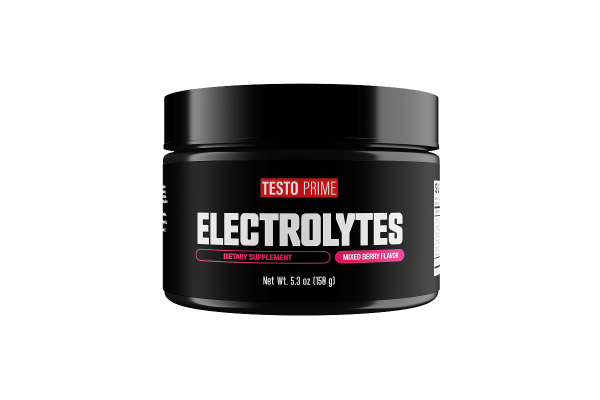 Black container of Testo Prime electrolytes with mixed berry flavor, 5.3 oz, featuring bold white and pink text.