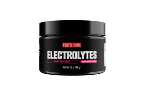 Black container of Testo Prime electrolytes with mixed berry flavor, 5.3 oz, featuring bold white and pink text.