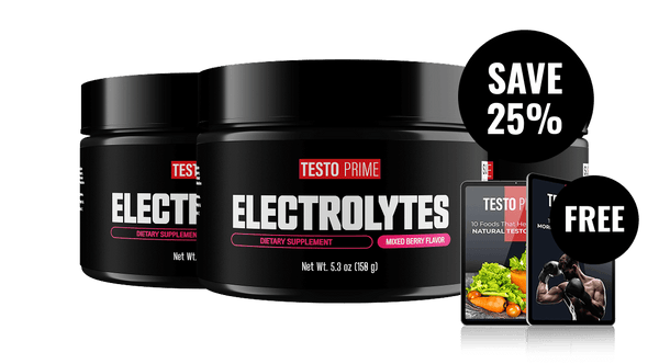 Electrolytes mixed berry flavor in two black containers with a 25% off tag and a free offer graphic.